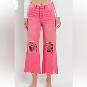 Vervet 90s Vintage Super High Rise Cropped Distressed Flare Jeans Hot Pink